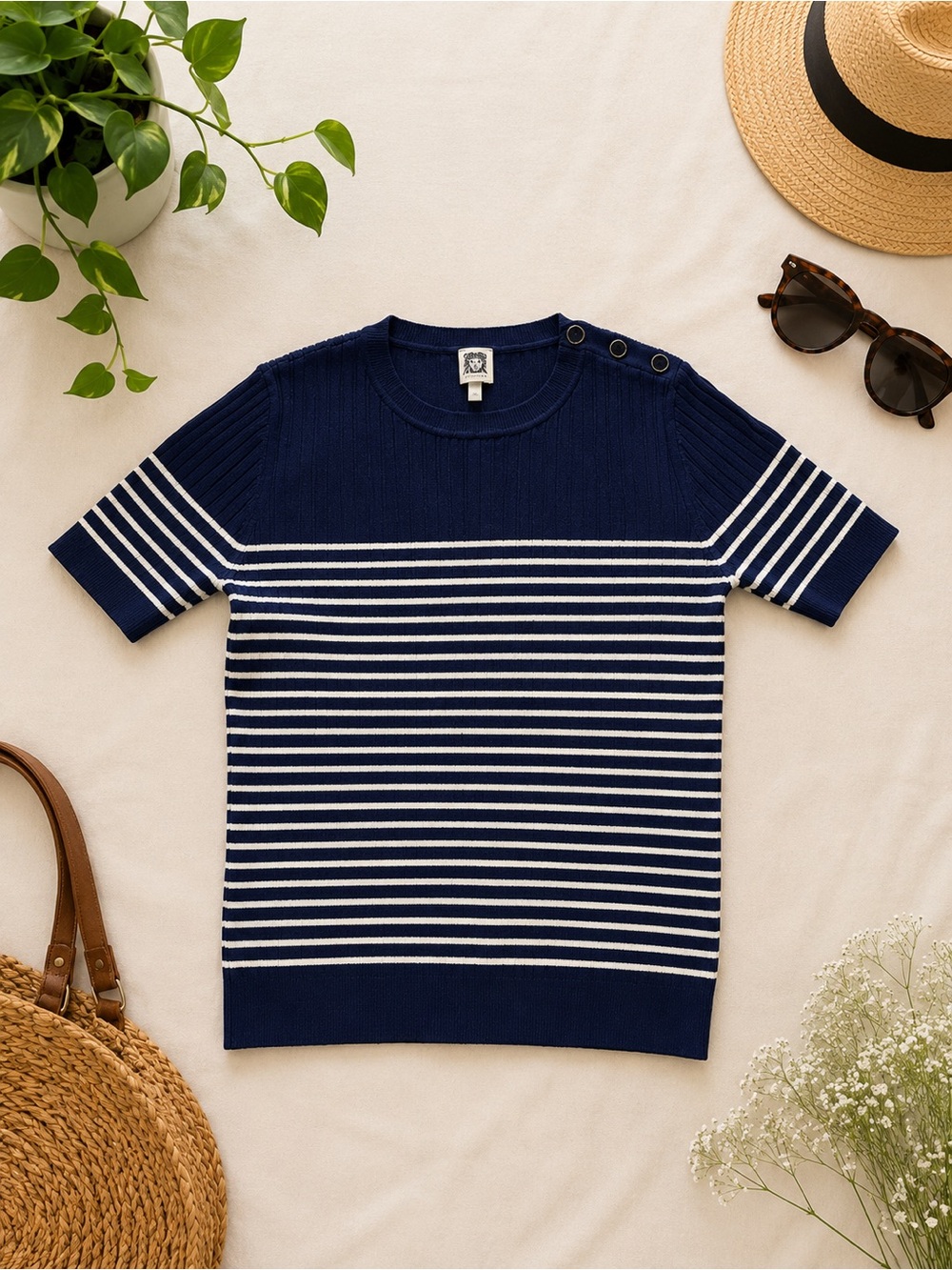 💙⚓️NWOT Anne Klein Navy White Striped Knit Sweater Shoulder Buttons Size M⚓️💙